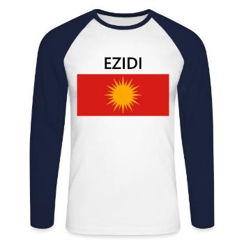 Ezidxan Flagge Ezidi Fahne auf dem Rücken - Unisex Baseballshirt langarm - Weiß/Navy - Vorne - Nik (191cm)