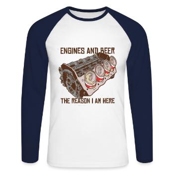 Motoren und Bier darum bin ich hier V8 Bierdosen - Unisex Baseballshirt langarm - Weiß/Navy - Vorne - Nik (191cm)