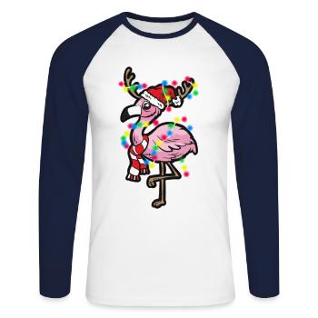 FLAMINGO rose avec bonnet et écharpe - T-shirt baseball manches longues Homme - blanc/marine - Devant - Nik (191cm)