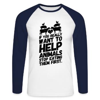 Vegan Veganer Veganerin Helfen Schwarz - Unisex Baseballshirt langarm - Weiß/Navy - Vorne - Nik (191cm)