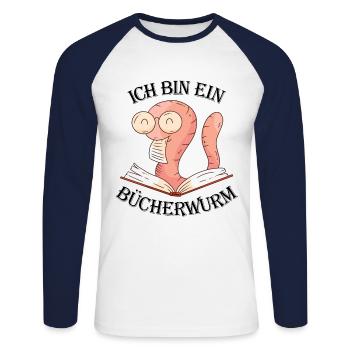 Ich bin ein Bücherwurm Buch Lesen Cartoon witzig - Unisex Baseballshirt langarm - Weiß/Navy - Vorne - Nik (191cm)
