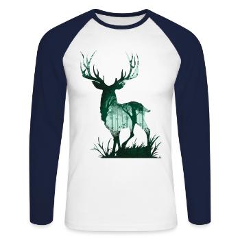 Hirsch Natur - Unisex Baseballshirt langarm - Weiß/Navy - Vorne - Nik (191cm)