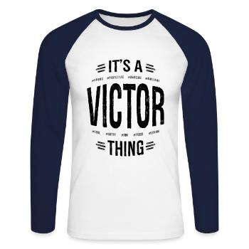 Victor personnalisé nom anniversaire cadeau - T-shirt baseball manches longues Homme - blanc/marine - Devant - Nik (191cm)