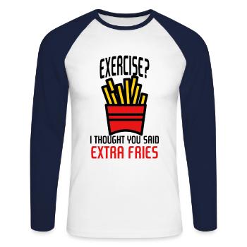 L'exercice? Je pensais que tu disais des frites supplémentaires - T-shirt baseball manches longues Homme - blanc/marine - Devant - Nik (191cm)