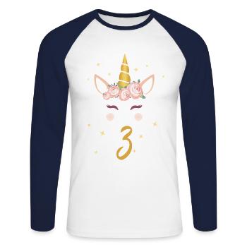 Chemise d'anniversaire 3ème anniversaire cadeau licorne - T-shirt baseball manches longues Homme - blanc/marine - Devant - Nik (191cm)