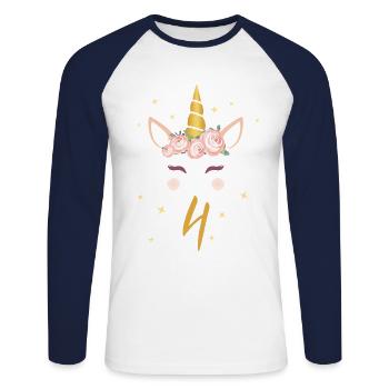 Chemise d'anniversaire 4e anniversaire cadeau licorne - T-shirt baseball manches longues Homme - blanc/marine - Devant - Nik (191cm)