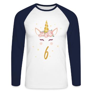 Chemise d'anniversaire 6e anniversaire cadeau licorne - T-shirt baseball manches longues Homme - blanc/marine - Devant - Nik (191cm)