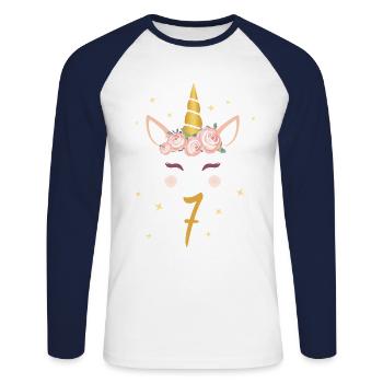 Chemise d'anniversaire 7e anniversaire cadeau licorne - T-shirt baseball manches longues Homme - blanc/marine - Devant - Nik (191cm)