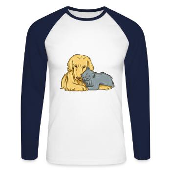 Hund und Katze kuscheln miteinander Tierliebe - Unisex Baseballshirt langarm - Weiß/Navy - Vorne - Nik (191cm)