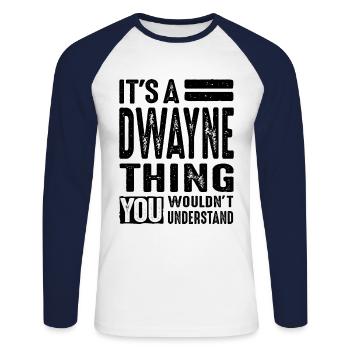 Dwayne Personalized Name Birthday Gift - Unisex Long Sleeve Baseball T-Shirt - white/navy - Front - Nik (191cm)