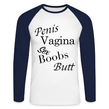 Penis vagina scheide butt boobs sex - Unisex Baseballshirt langarm - Weiß/Navy - Vorne - Nik (191cm)