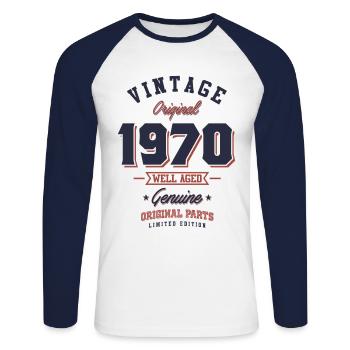 Vintage 1970 né en 1970 cadeau d'anniversaire rétro - T-shirt baseball manches longues Homme - blanc/marine - Devant - Nik (191cm)