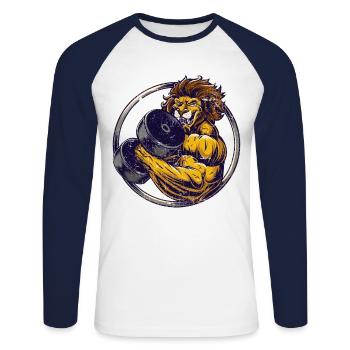 Kraftsport muskulöser Bodybuilder Löwe mit Hantel - Unisex Baseballshirt langarm - Weiß/Navy - Vorne - Nik (191cm)