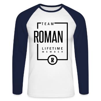 Roman Personalized Name Birthday Gift - Unisex Long Sleeve Baseball T-Shirt - white/navy - Front - Nik (191cm)