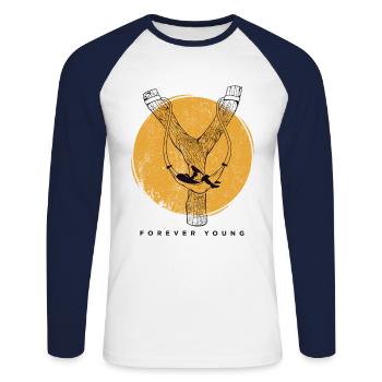 Forever Young Slingshot Hammock Moon print - Unisex Long Sleeve Baseball T-Shirt - white/navy - Front - Nik (191cm)