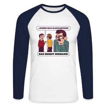 Keiner mag Klugscheisser Das heisst niemand! - Unisex Baseballshirt langarm - Weiß/Navy - Vorne - Nik (191cm)