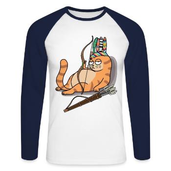 Indianer Katze Krieger Fasching Fantasy Katzen - Unisex Baseballshirt langarm - Weiß/Navy - Vorne - Nik (191cm)