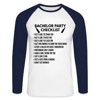 Bachelor party checklist - Unisex Long Sleeve Baseball T-Shirt - white/navy - Front - Nik (191cm)