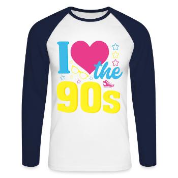 J'aime la chemise des années 90 - T-shirt baseball manches longues Homme - blanc/marine - Devant - Nik (191cm)