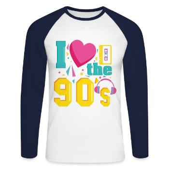 Retro I Love 90s Outfit Herzparty T-Shirt - Unisex Baseballshirt langarm - Weiß/Navy - Vorne - Nik (191cm)