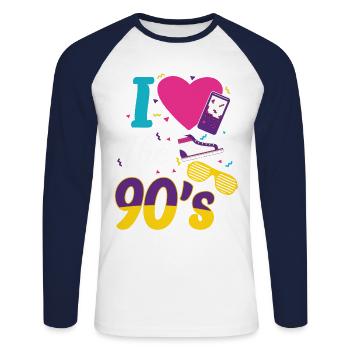 Retro I Love 90s Outfit Herzparty T-Shirt - Unisex Baseballshirt langarm - Weiß/Navy - Vorne - Nik (191cm)