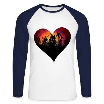 Sonnenuntergang Herz Berge Wald episch Natur - Unisex Baseballshirt langarm - Weiß/Navy - Vorne - Nik (191cm)