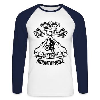 Alter Mann mit Mountainbike MTB Rad Mountain Biker - Unisex Baseballshirt langarm - Weiß/Navy - Vorne - Nik (191cm)