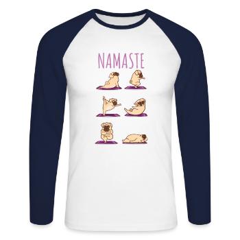 Mops chien chien chiots yoga gymnastique cadeau - T-shirt baseball manches longues Homme - blanc/marine - Devant - Nik (191cm)