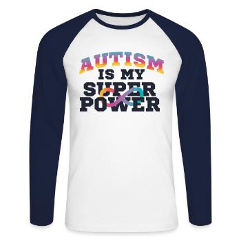 L'autisme est ma superpuissance L'autisme est super héros - T-shirt baseball manches longues Homme - blanc/marine - Devant - Nik (191cm)
