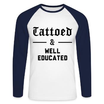 Tatouages addict, Tatouage et Well Educated, Tattoo - T-shirt baseball manches longues Homme - blanc/marine - Devant - Nik (191cm)