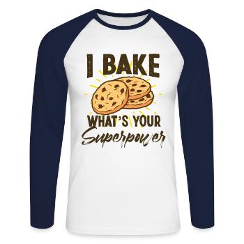 I Bake What's Your Superpower Cake Artist Baker Cu - Unisex Baseballshirt langarm - Weiß/Navy - Vorne - Nik (191cm)