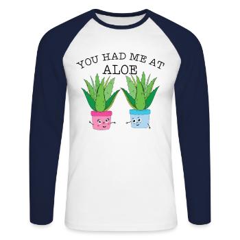 You Had Me At Aloe Herb Pun - Unisex Long Sleeve Baseball T-Shirt - white/navy - Front - Nik (191cm)