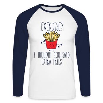 Exercice Je pensais que vous aviez dit des frites supplémentaires Funny Gym - T-shirt baseball manches longues Homme - blanc/marine - Devant - Nik (191cm)