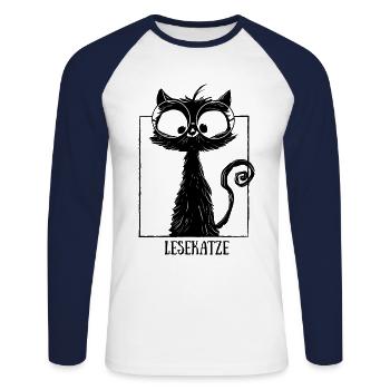 Lesekatze Lesen & Katze mit Brille Bücher Lesen - Unisex Baseballshirt langarm - Weiß/Navy - Vorne - Nik (191cm)