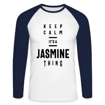 Jasmine Personalized Name Birthday Gift - Unisex Long Sleeve Baseball T-Shirt - white/navy - Front - Nik (191cm)