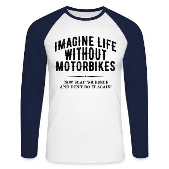 La vie sans motos. Motocyclistes - T-shirt baseball manches longues Homme - blanc/marine - Devant - Nik (191cm)