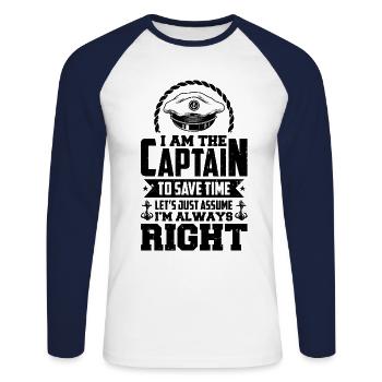 I'm The Captain I'm Always Right Motor Boating - Unisex Baseballshirt langarm - Weiß/Navy - Vorne - Nik (191cm)