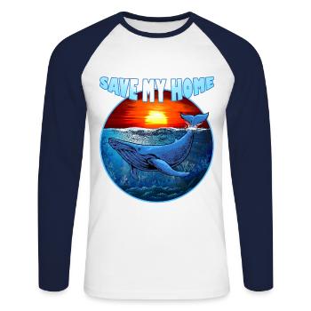 Save my Home - blue whale - whale - sea - ocean - Unisex Long Sleeve Baseball T-Shirt - white/navy - Front - Nik (191cm)