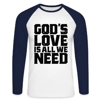 Gottes Liebe ist alles was wir brauchen Gott Tee | Christian - Unisex Baseballshirt langarm - Weiß/Navy - Vorne - Nik (191cm)