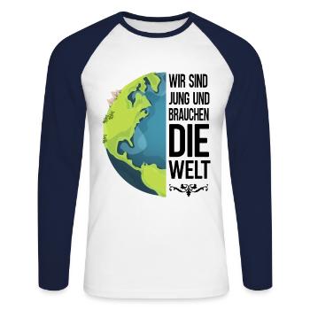 Klima. Wir sind jung und brauchen die Welt - Unisex Baseballshirt langarm - Weiß/Navy - Vorne - Nik (191cm)