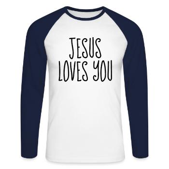 Jesus liebt dich - christliche Zitate - Unisex Baseballshirt langarm - Weiß/Navy - Vorne - Nik (191cm)