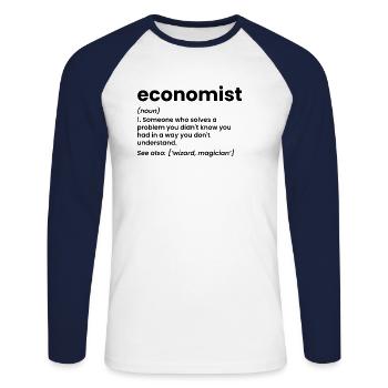 Ökonomische Definition - Unisex Baseballshirt langarm - Weiß/Navy - Vorne - Nik (191cm)