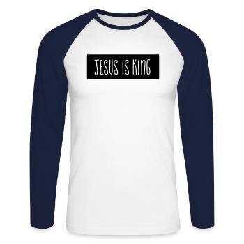 Jesus ist König - christliche Zitate - Unisex Baseballshirt langarm - Weiß/Navy - Vorne - Nik (191cm)