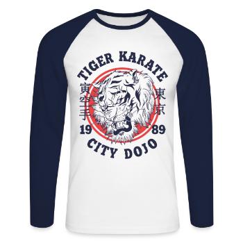 Karate vintage retro Design Stadt Dojo Tiger - Unisex Baseballshirt langarm - Weiß/Navy - Vorne - Nik (191cm)