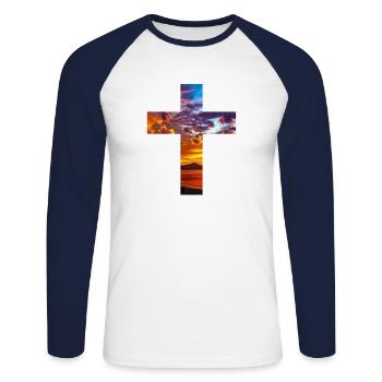 Christliches Kreuz mit Sonnenuntergang - Unisex Baseballshirt langarm - Weiß/Navy - Vorne - Nik (191cm)
