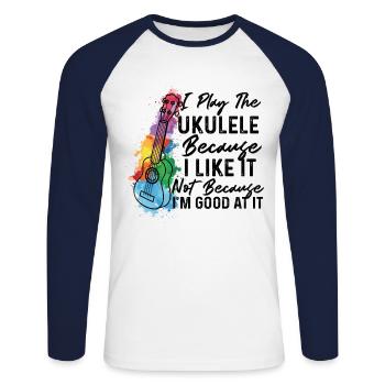 Je joue du ukulélé parce que je l'aime Ukulele Playe - T-shirt baseball manches longues Homme - blanc/marine - Devant - Nik (191cm)