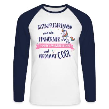 L’aide-soignante pour personnes âgées est comme une licorne adage aide-soignante - T-shirt baseball manches longues Homme - blanc/marine - Devant - Nik (191cm)