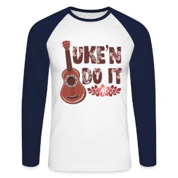 Uke 'n Do It Ukulele Player musicien hawaïen - T-shirt baseball manches longues Homme - blanc/marine - Devant - Nik (191cm)