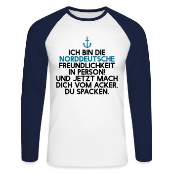 Ich bin die norddeutsche Freundlichkeit in Person - Unisex Baseballshirt langarm - Weiß/Navy - Vorne - Nik (191cm)
