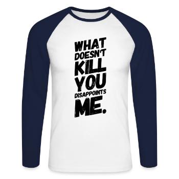 Freche Sprüche Witz Schwarzer Humor II - Unisex Baseballshirt langarm - Weiß/Navy - Vorne - Nik (191cm)